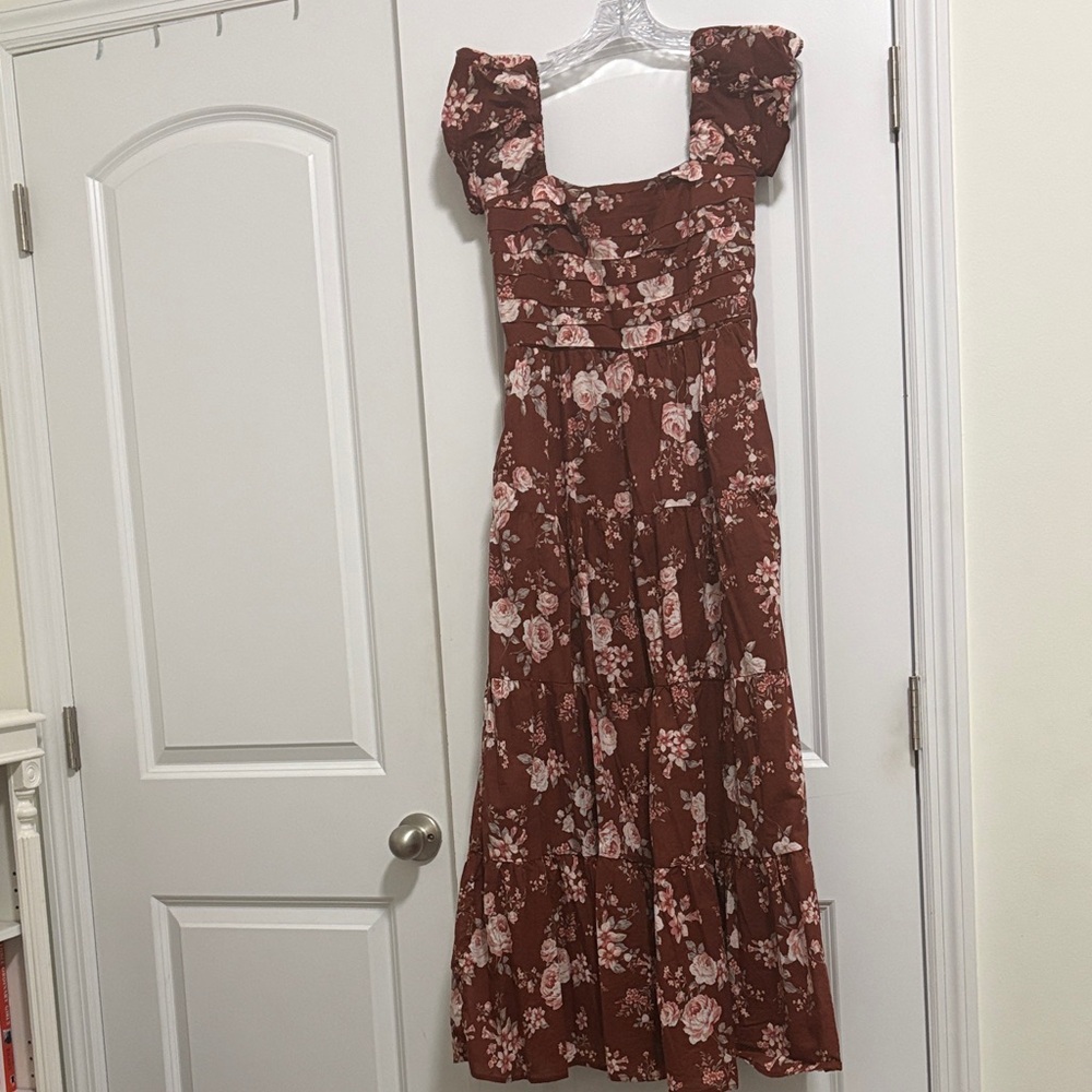 Altar'd State Rust Floral Maxi Dress with Pink Blooms